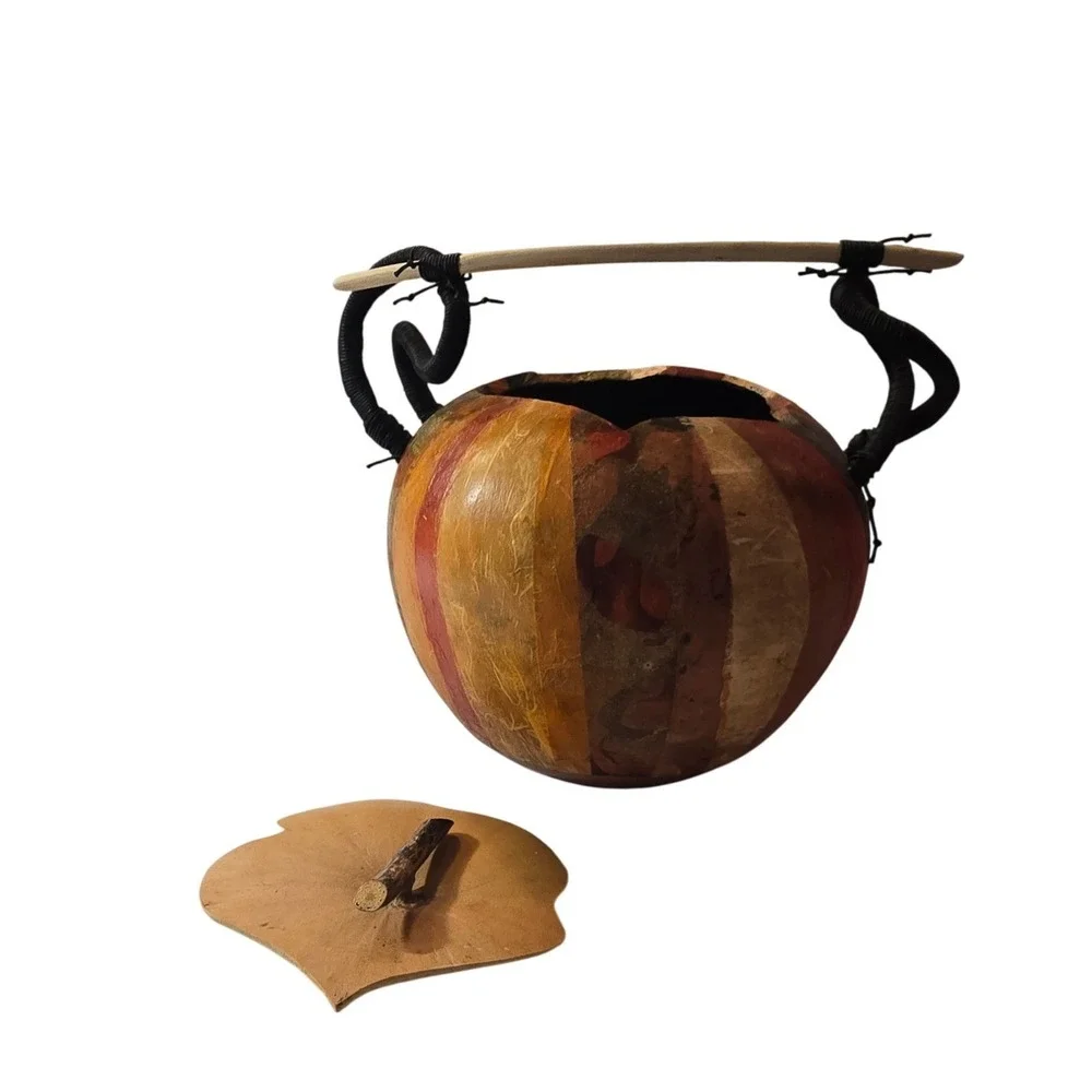 Artisan Handmade Gourd Decorative Vessel with Leaf Lid and Coiled Handle signed